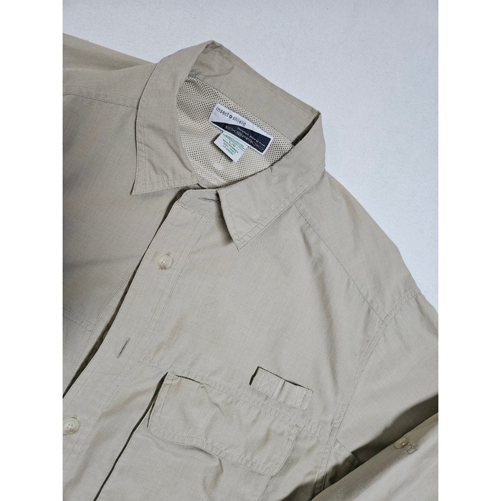 ExOfficio Insect Shield Shirt Mens Large Khaki Vented Long Sleeve Hiking Travel